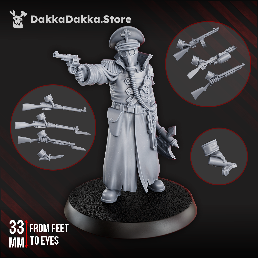 Ltn. Pachomy Zhukov miniature, 33 mm, wearing gas mask and trench uniform, armed with rifles, pistol, knife, and Molotov, standing on a round base.