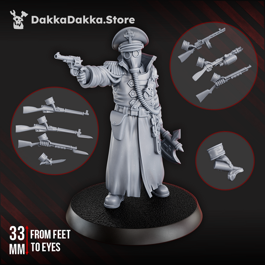 Ltn. Pachomy Zhukov miniature, 33 mm, wearing gas mask and trench uniform, armed with rifles, pistol, knife, and Molotov, standing on a round base.