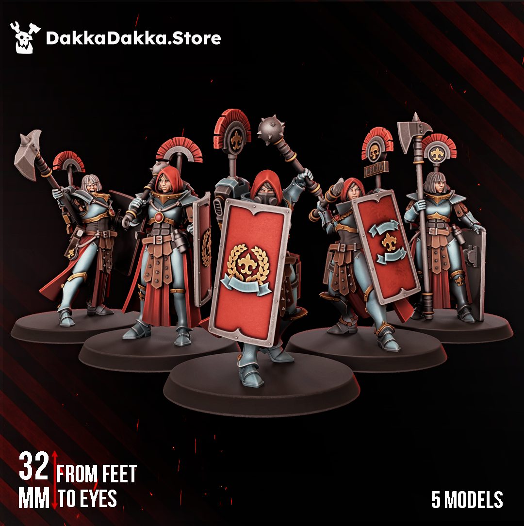 Legio Arteimis Eruptrix Squad full group of five models on round bases showing varied poses and shields