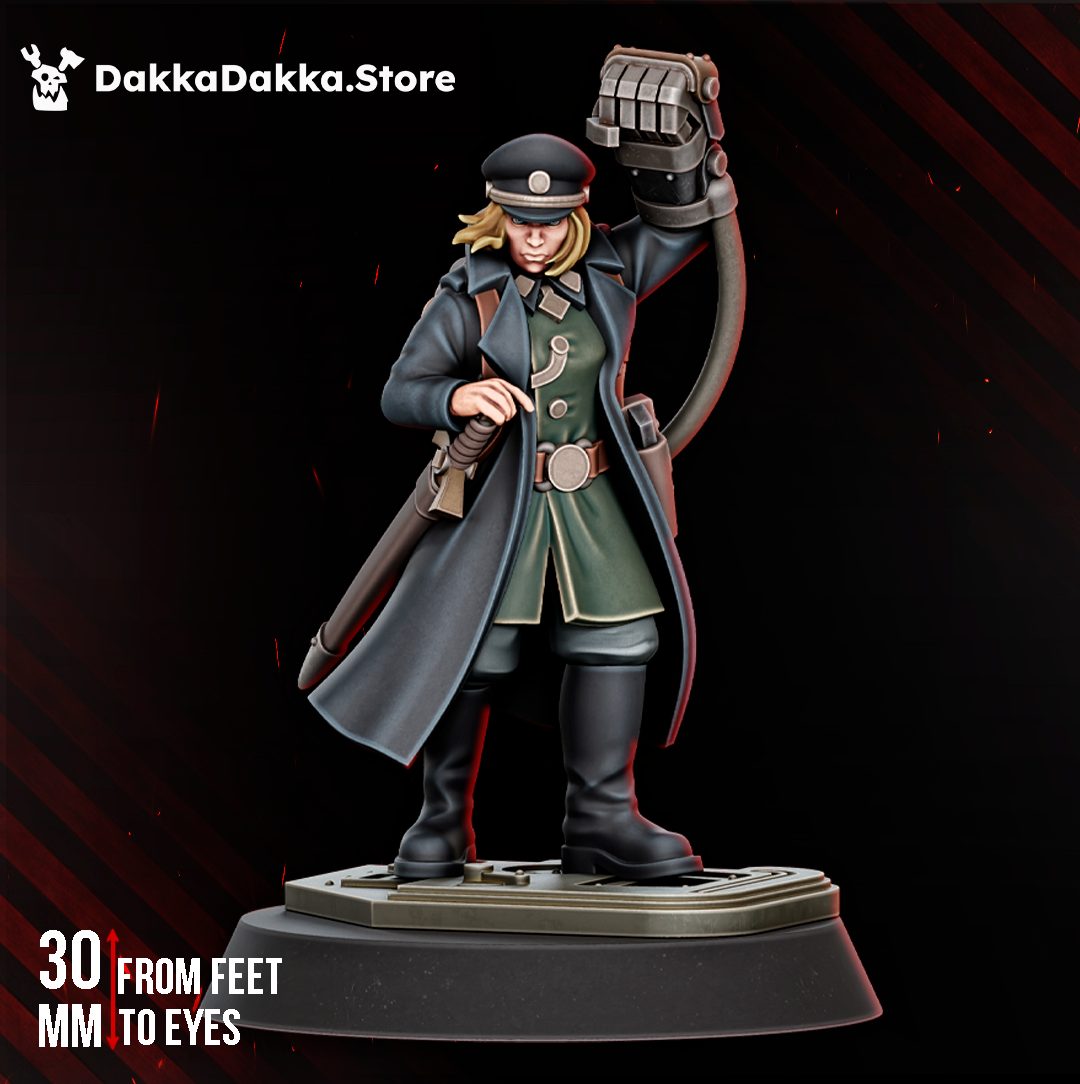 Kommissar Graber 30mm resin miniature front view, greatcoat, green tunic, raised mechanical arm and peaked cap