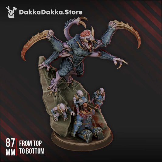 The Sightless Prince miniatures with cultist helpers on tactical rock for sci-fi tabletop wargaming, 87mm height.