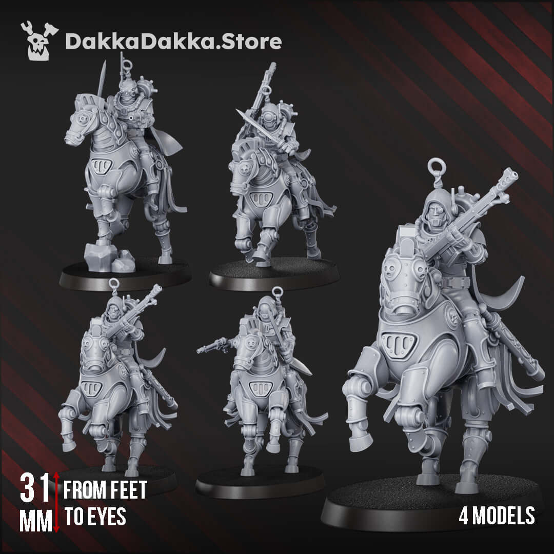 Four 31 mm sci-fi Machine Cult cavalry miniatures riding biomechanical horses, armed with lances and rifles.