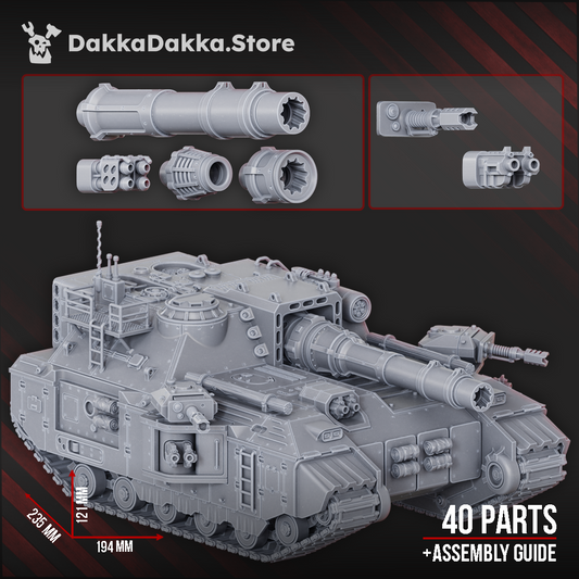 Heavy tank Superheavy Tank Barboudon B-5 3D printed resin wargaming miniature, 235mm x 194mm x 121mm, 40 to 47 parts, grimdark Imperium inspired armoured vehicle by DakkaDakka