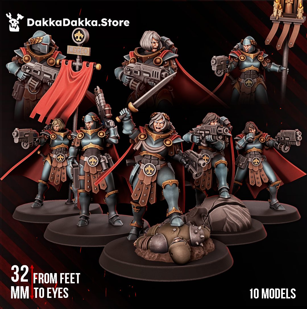Legio Artemis Bellatrix Squad full ten-model group shot showing all poses on dark background