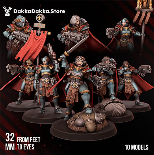 Legio Artemis Bellatrix Squad full ten-model group shot showing all poses on dark background