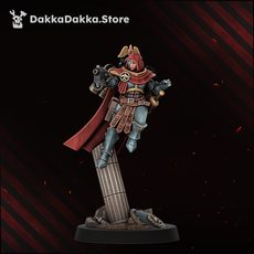 Legio Artemis HarpiesSirens squad leader in red and gold armour with pistol raised, front view, 32mm resin miniature