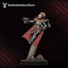HarpiesSirens warrior in blue-grey plate with pistol extended, clean front-facing profile on rubble column