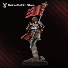 HarpiesSirens standard bearer holding large banner with angular sigil, full front view on column base