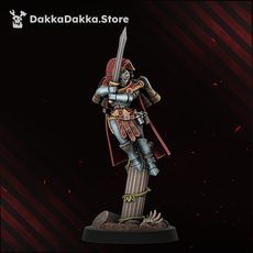 Masked HarpiesSirens sword fighter in closed helm, mid-stride pose, column base with vine detail visible