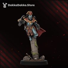 HarpiesSirens warrior with mechanical arm raised, dynamic stance, detailed shoulder and torso armour