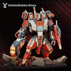 Omega Wave Suit painted resin miniature, front view showing full battlesuit pose with red and ivory armour scheme