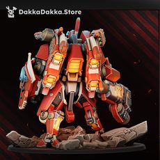 Rear three-quarter view of painted battlesuit miniature showing back armour panels and leg detail