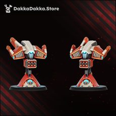 Close-up of two drone turret companions on individual bases, showing sensor array and weapon detail