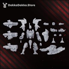 Unassembled grey resin parts spread out showing all 24 components of the battlesuit kit