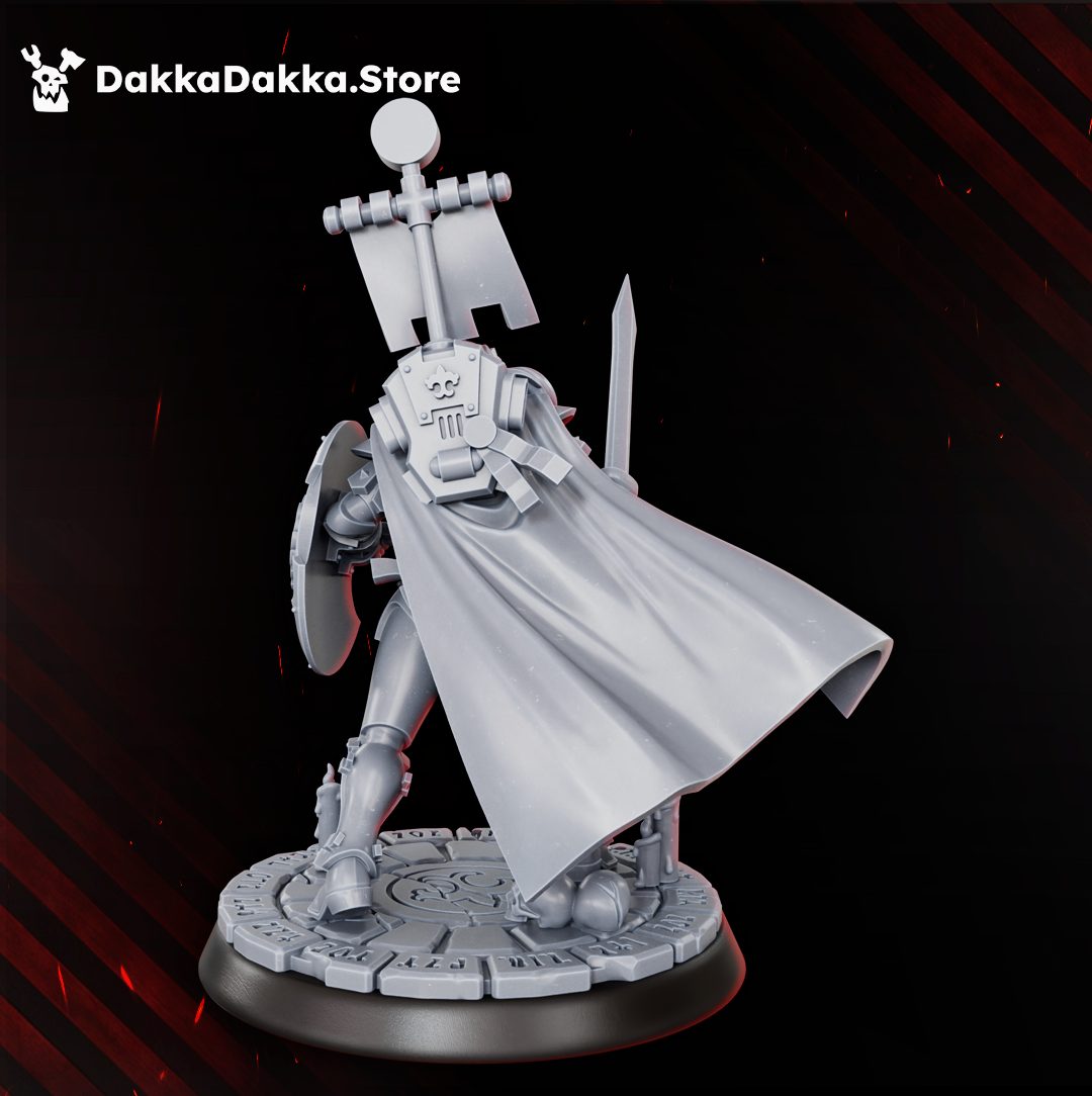 Rear view of the Shield Maiden showing flowing cape, banner pole detail, and skull finial