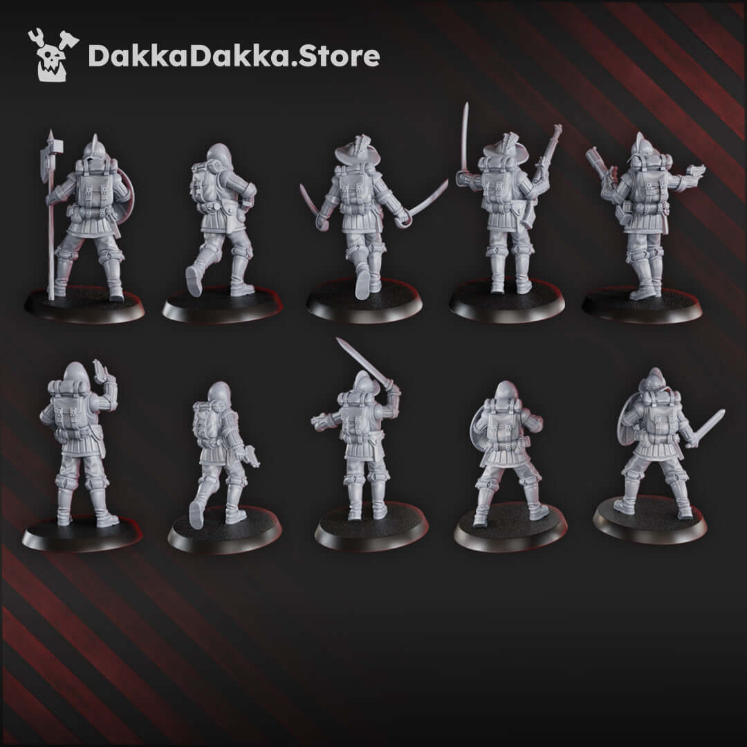 Conquistadors grimdark crusade miniatures by DakkaDakka, featuring ten detailed models on 28mm bases in grey resin.