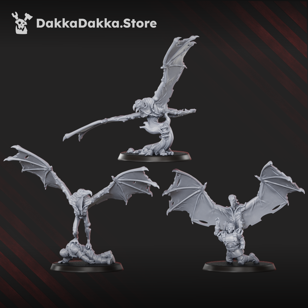 Diseased Sporehawks Squad resin miniatures, three winged daemon creatures with scenic bases
