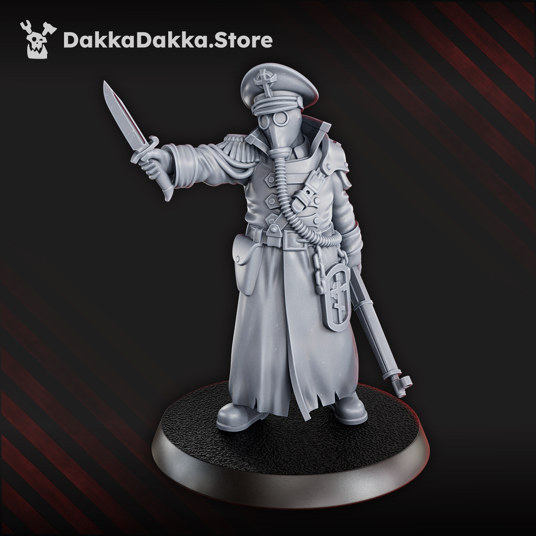 Ltn. Pachomy Zhukov miniature, 33 mm, wearing gas mask and trench uniform, armed with rifles, pistol, knife, and Molotov, standing on a round base.