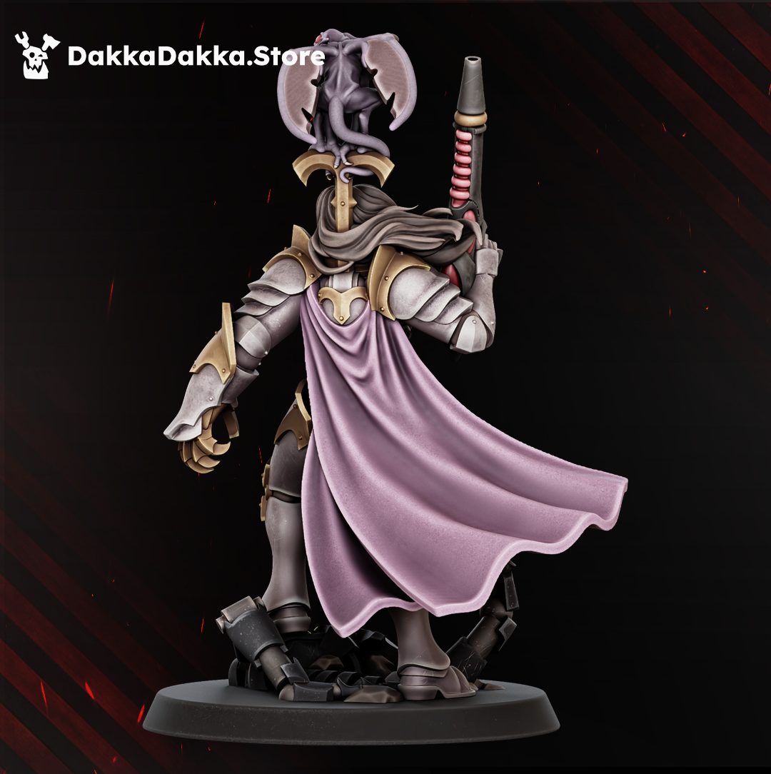 Rear view of the miniature showing lavender cloak, backplate armour detail and the gargoyle familiar perched above