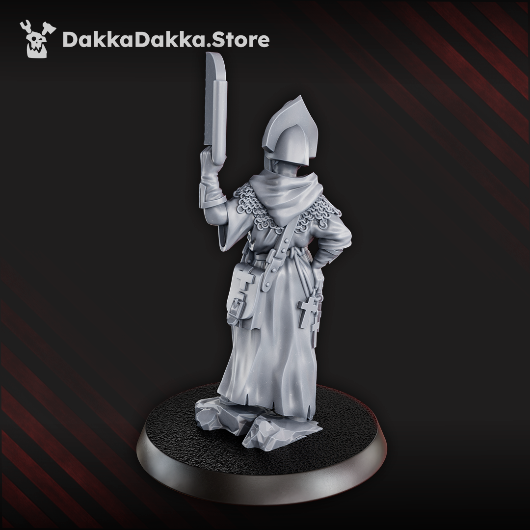 Steel Union medic miniature holding a cleaver, wearing chain mesh and a robed uniform with surgical tools at her belt