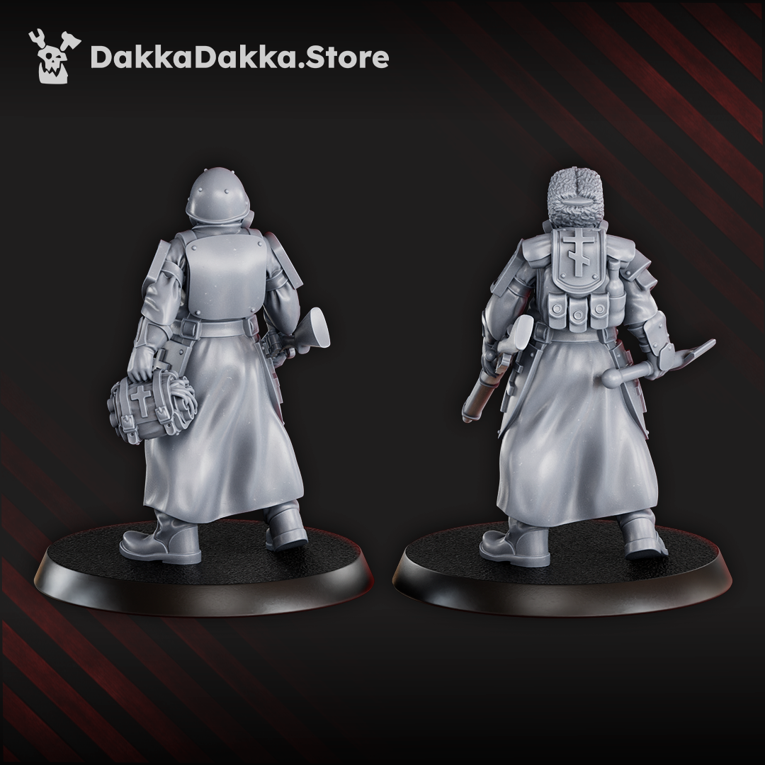 Two Steel Union engineer miniatures in trench armour and rebreathers, one with a wrench and shotgun, the other with a rifle and entrenching tool.