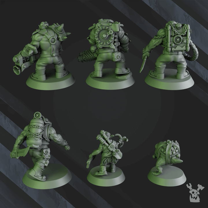 Blak Orks Mob Two by DakkaDakka, 32mm scale sci-fi wargaming miniatures in green resin on a dark background.