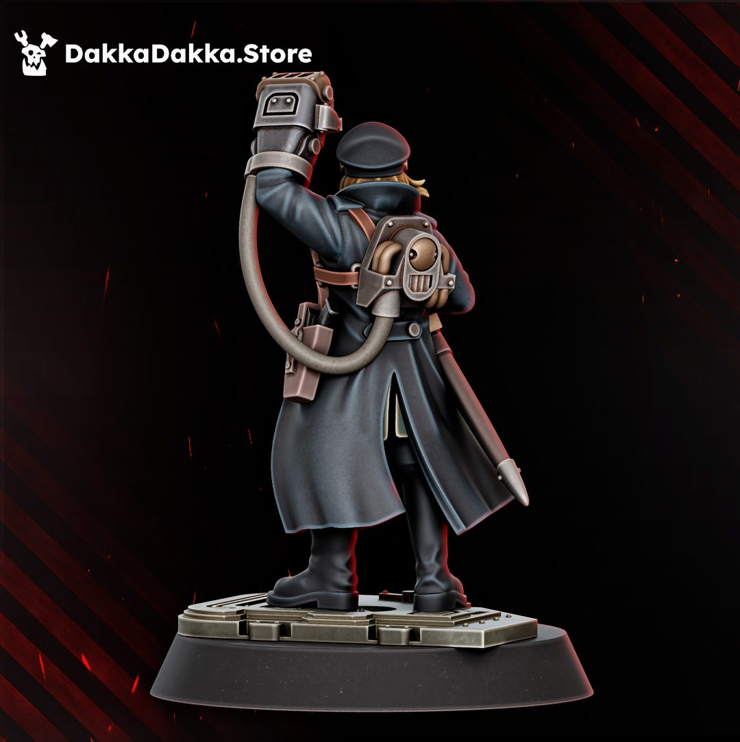 Rear view showing backpack unit with eyeball lens, hose connecting to mechanical gauntlet, dark greatcoat detail