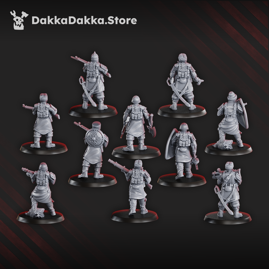 Ten Red Druzhina Squad miniatures, 33 mm, wearing gas masks and greatcoats, armed with rifles and shields, standing on round bases.