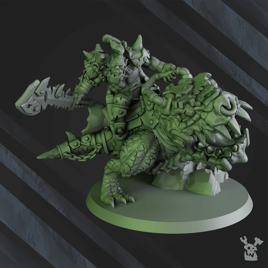 Arzott Da Toot boss ork miniature resin model riding giant squig with dynamic pose, snarling face, and detailed armour
