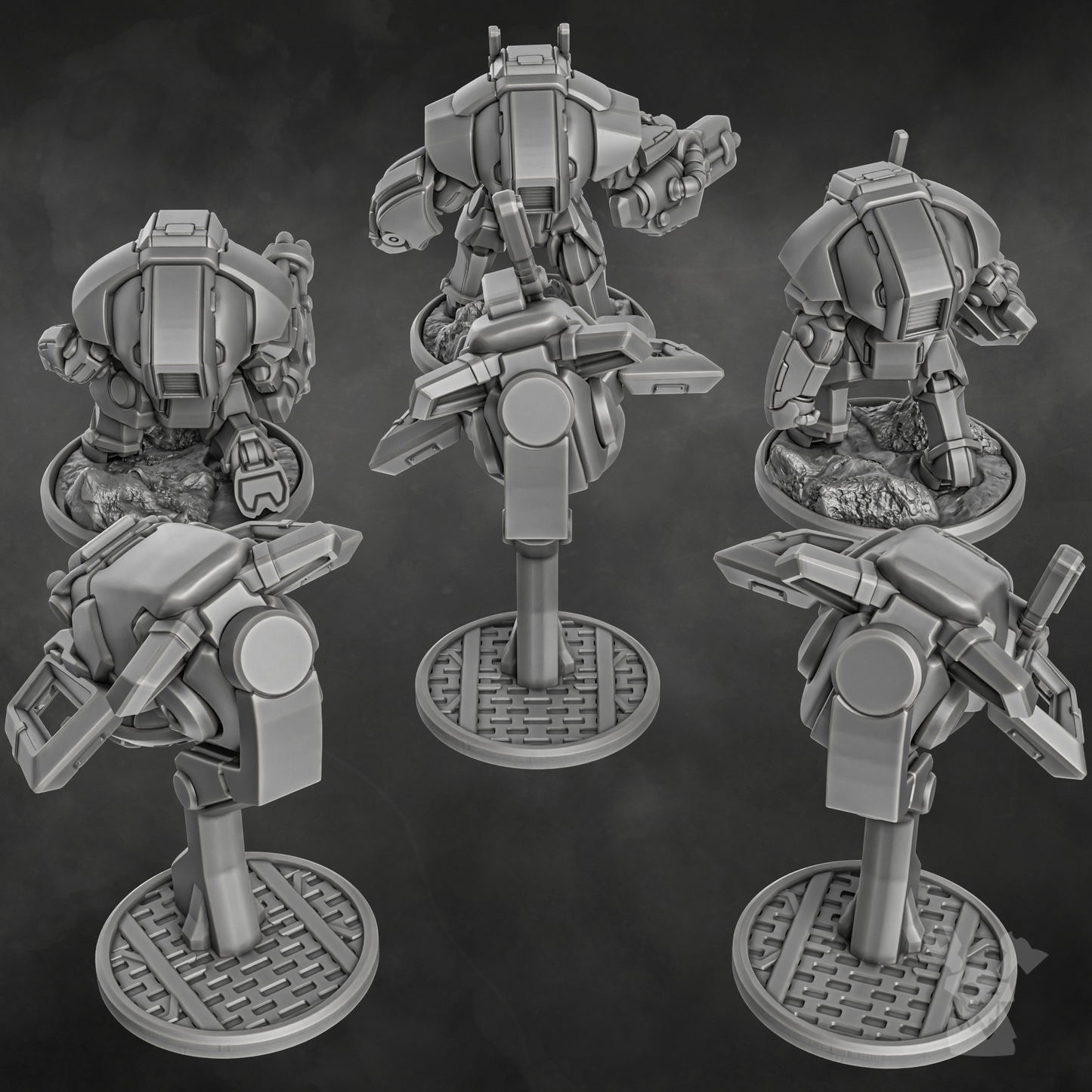 Sci-Fi Battlesuit Squad featuring six detailed combat suits with advanced armor and weapon systems.