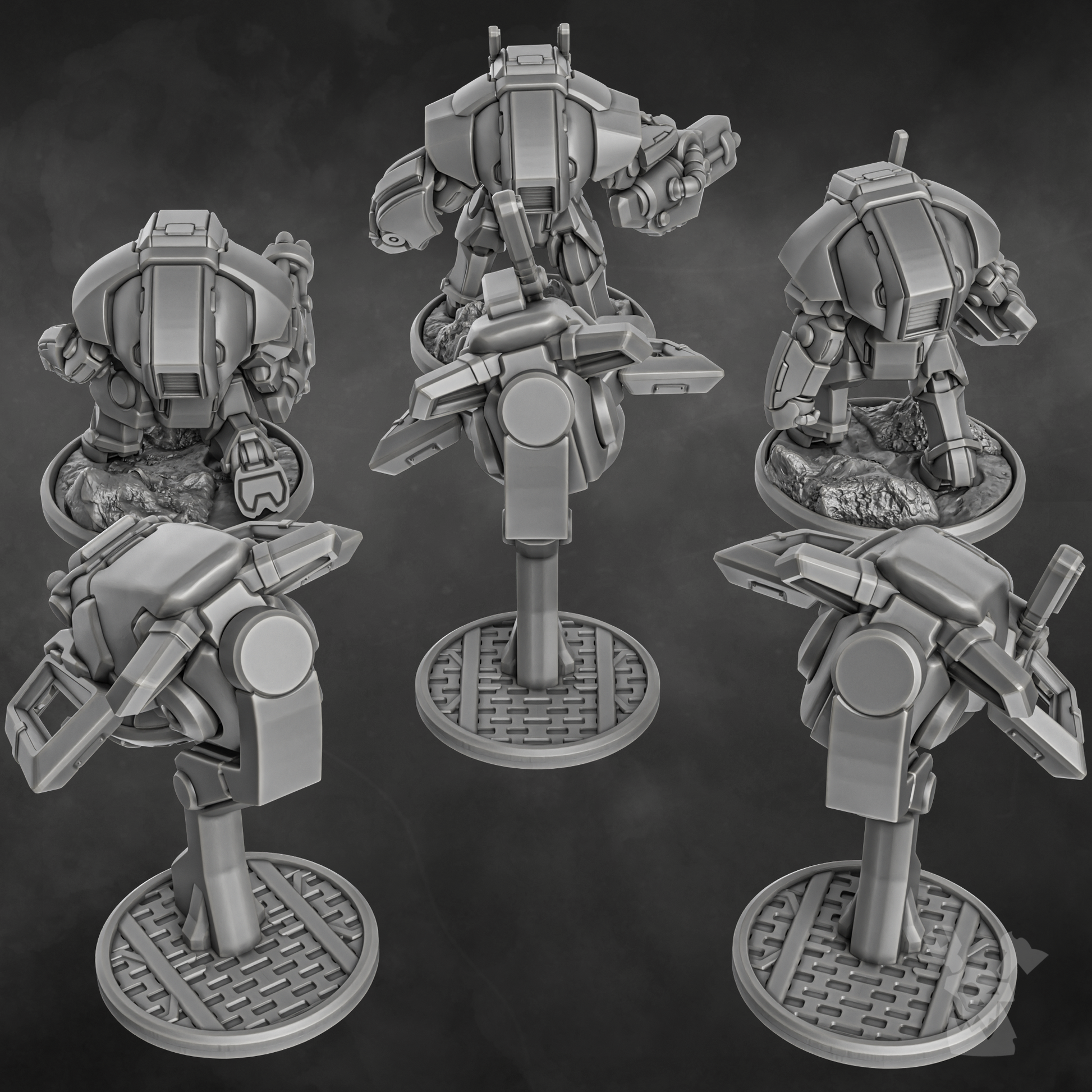 Sci-Fi Battlesuit Squad featuring six detailed combat suits with advanced armor and weapon systems.
