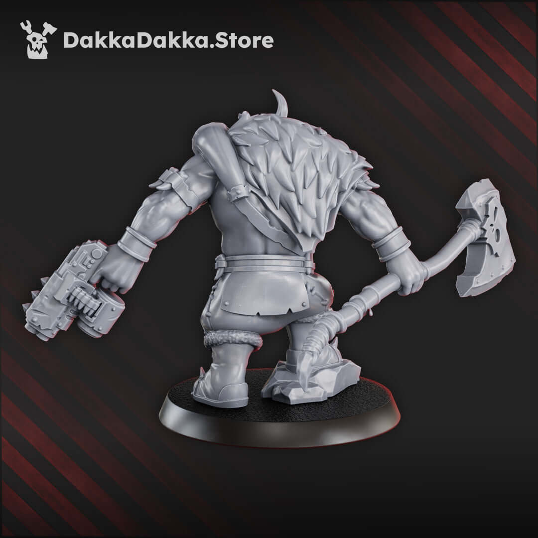 Back view of a grey resin butcher ork miniature with cutlass and gun for sci-fi tabletop games.