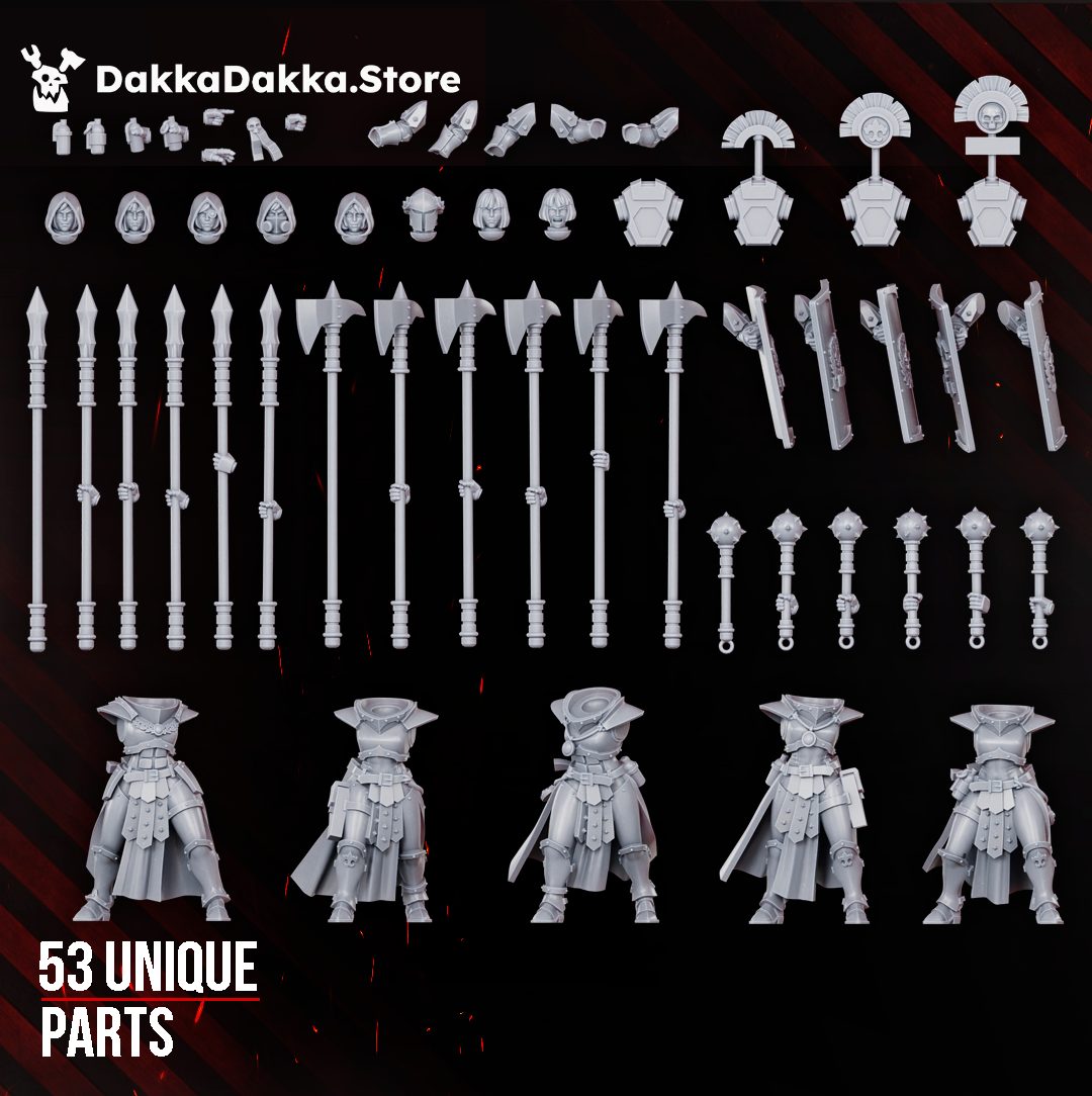 Full parts layout for the 53-part build kit showing all bodies, heads, weapons, shields and backpack components