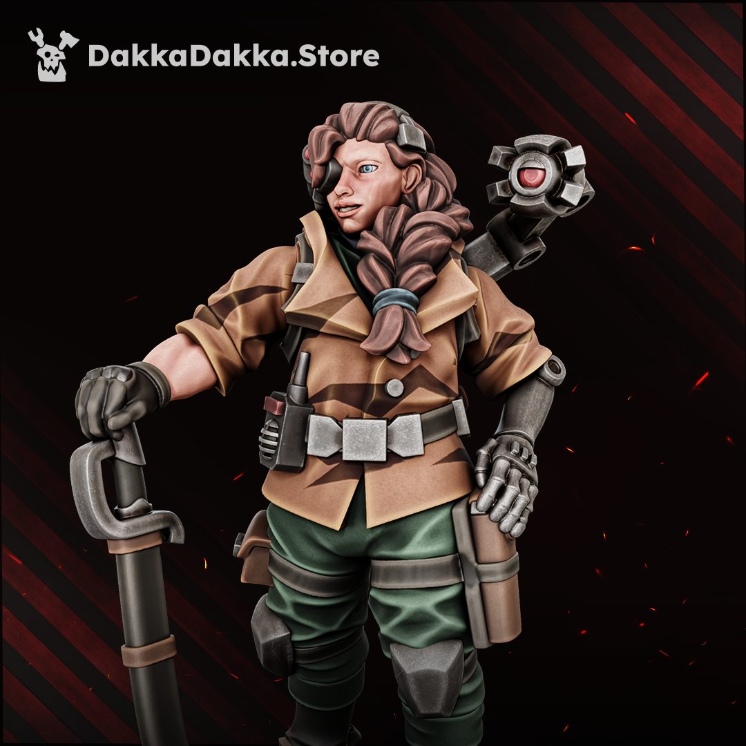 Close-up bust view of the commander showing facial detail, optical implant, curled hair, and mechanical wrench device