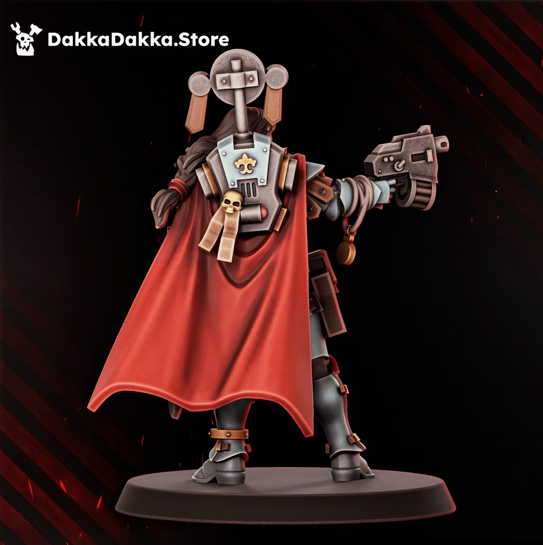 Rear view of the miniature showing backpack array, red cape, fleur-de-lis back plate, and skull parchment banner