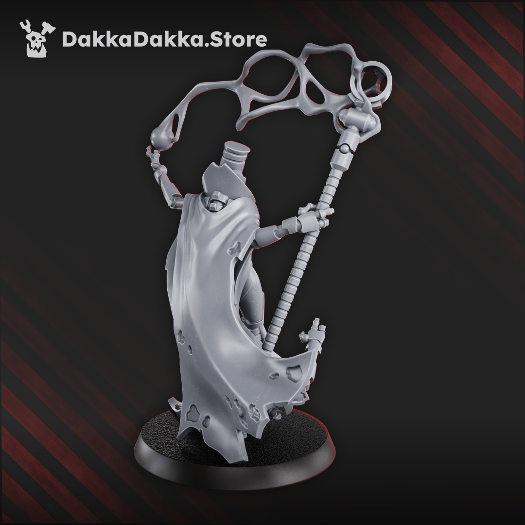 Necrotek Iron Queen standing over broken construct with energy staff
