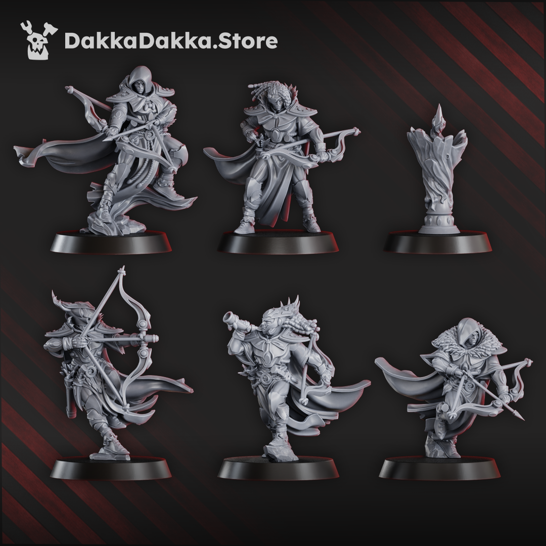 Gothic Sci-Fi Space Elf Warriors - Spacelair Range Squad models, 31mm tall, showcasing 6 detailed figures ready for gaming.