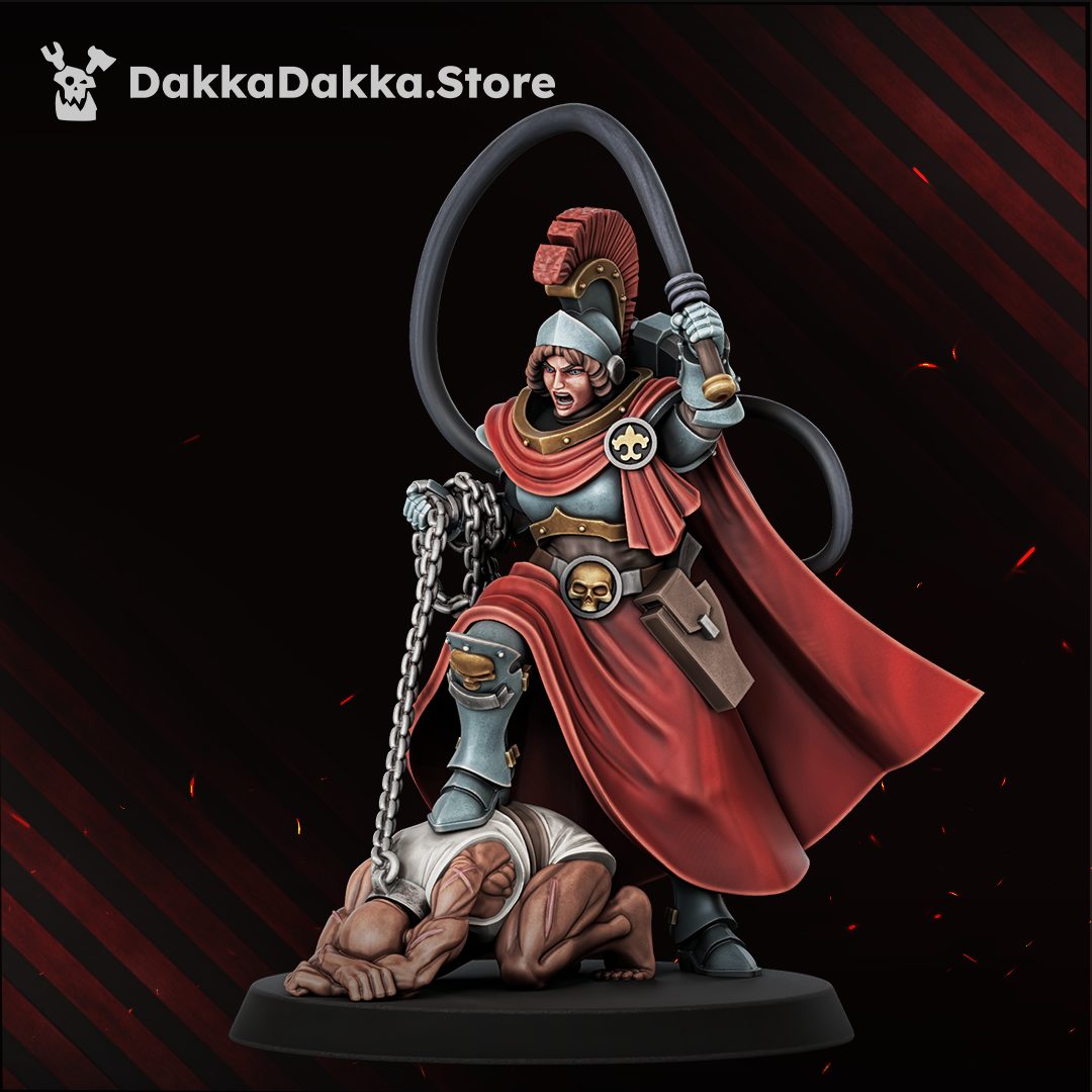 Commander miniature close-up, painted, raising powered flail with red cape and chained enemy underfoot