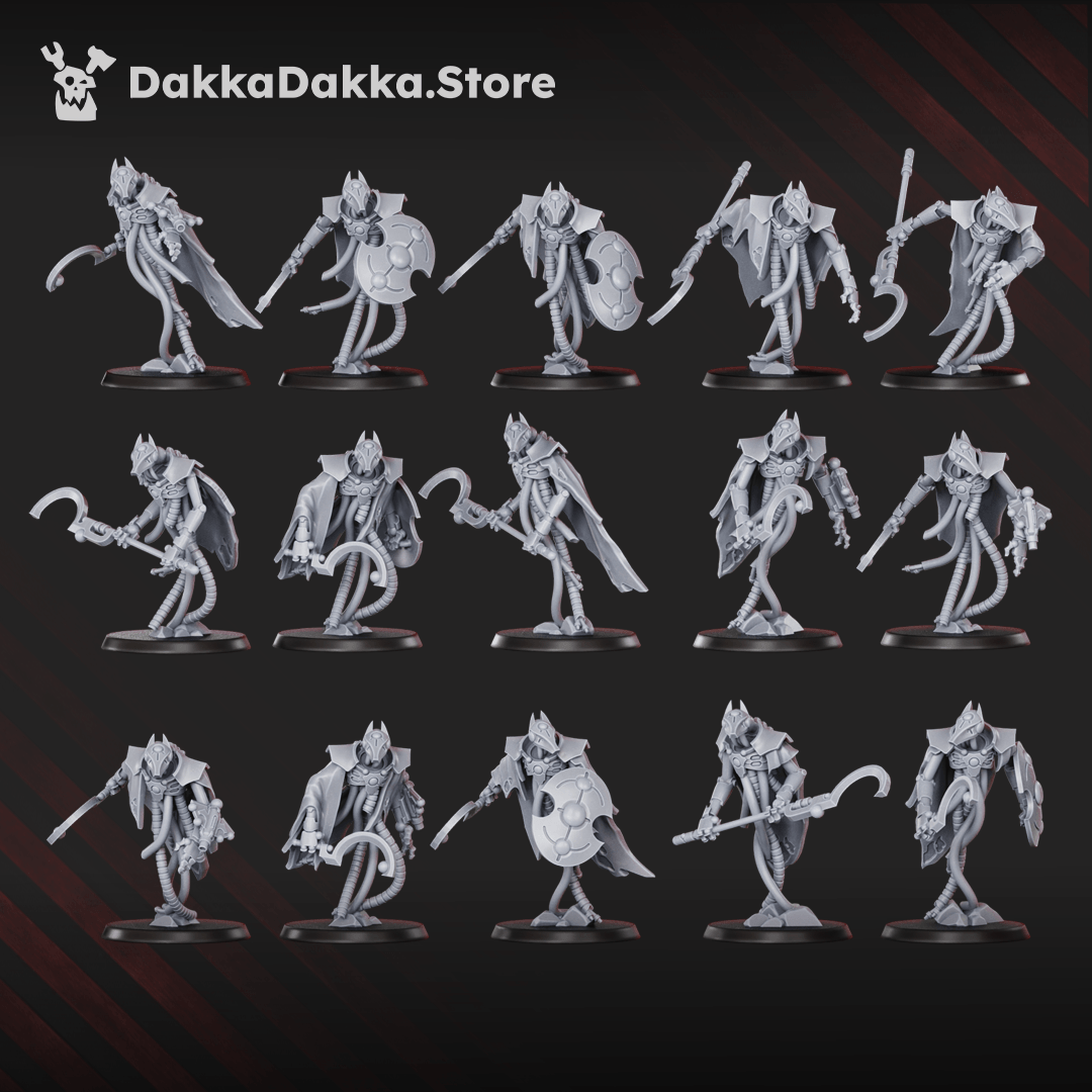 Necrotek Iron Guard Squad — 15 resin sci-fi undead warrior miniatures with shields, blades and biomechanical armour, 33–38mm scale