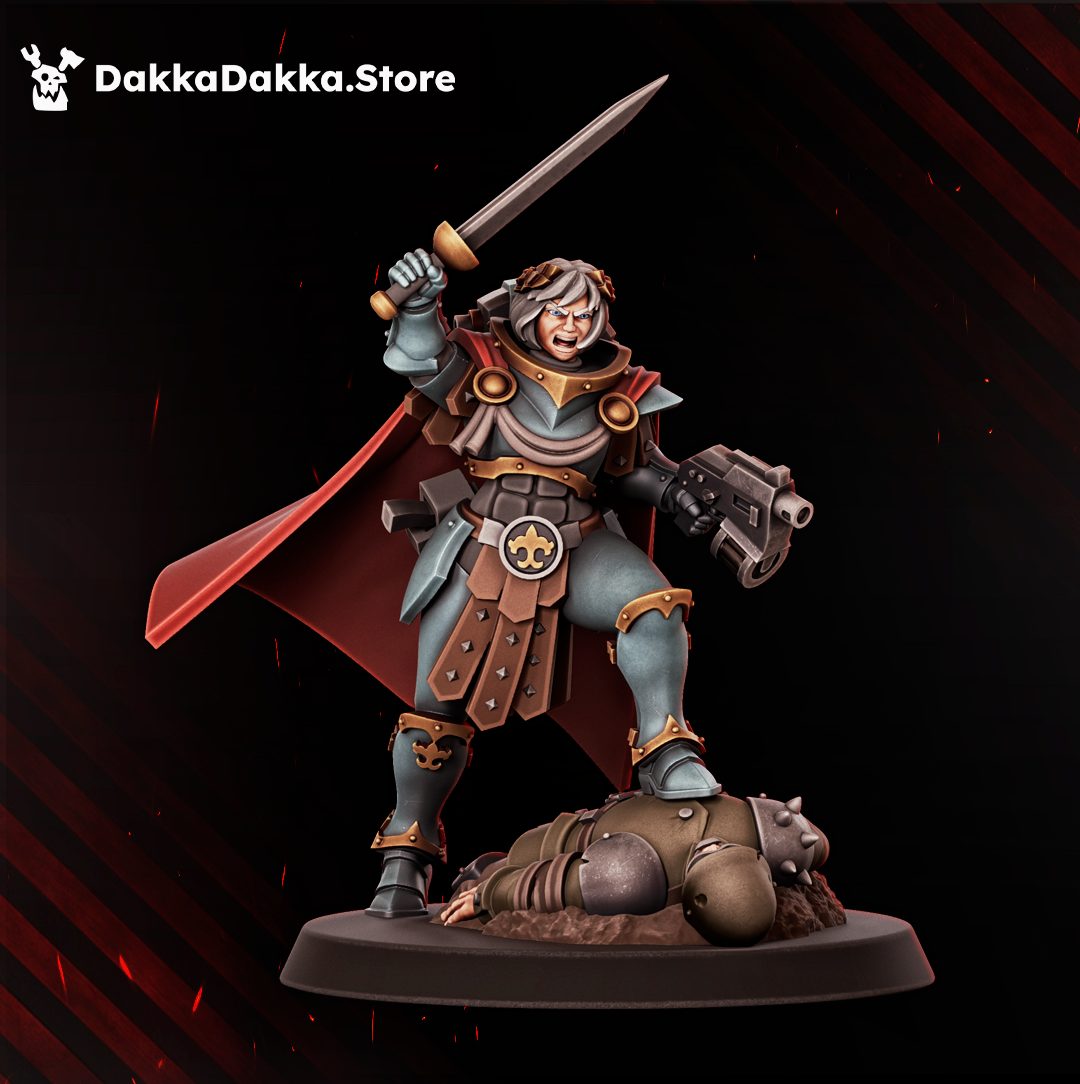Sergeant model standing over fallen enemy, sword raised, battle cry pose