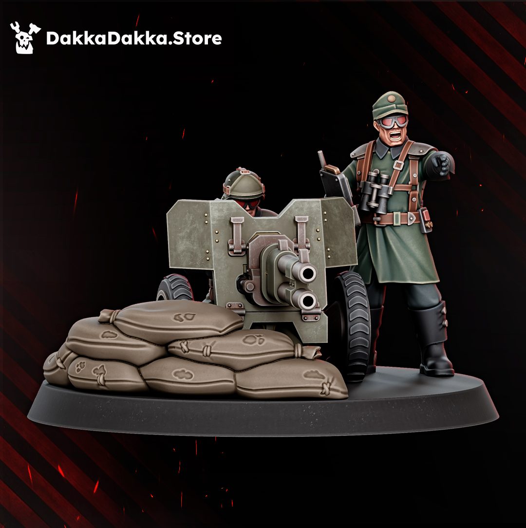 Close front view of the field cannon emplacement with sandbag cover and commanding officer figure