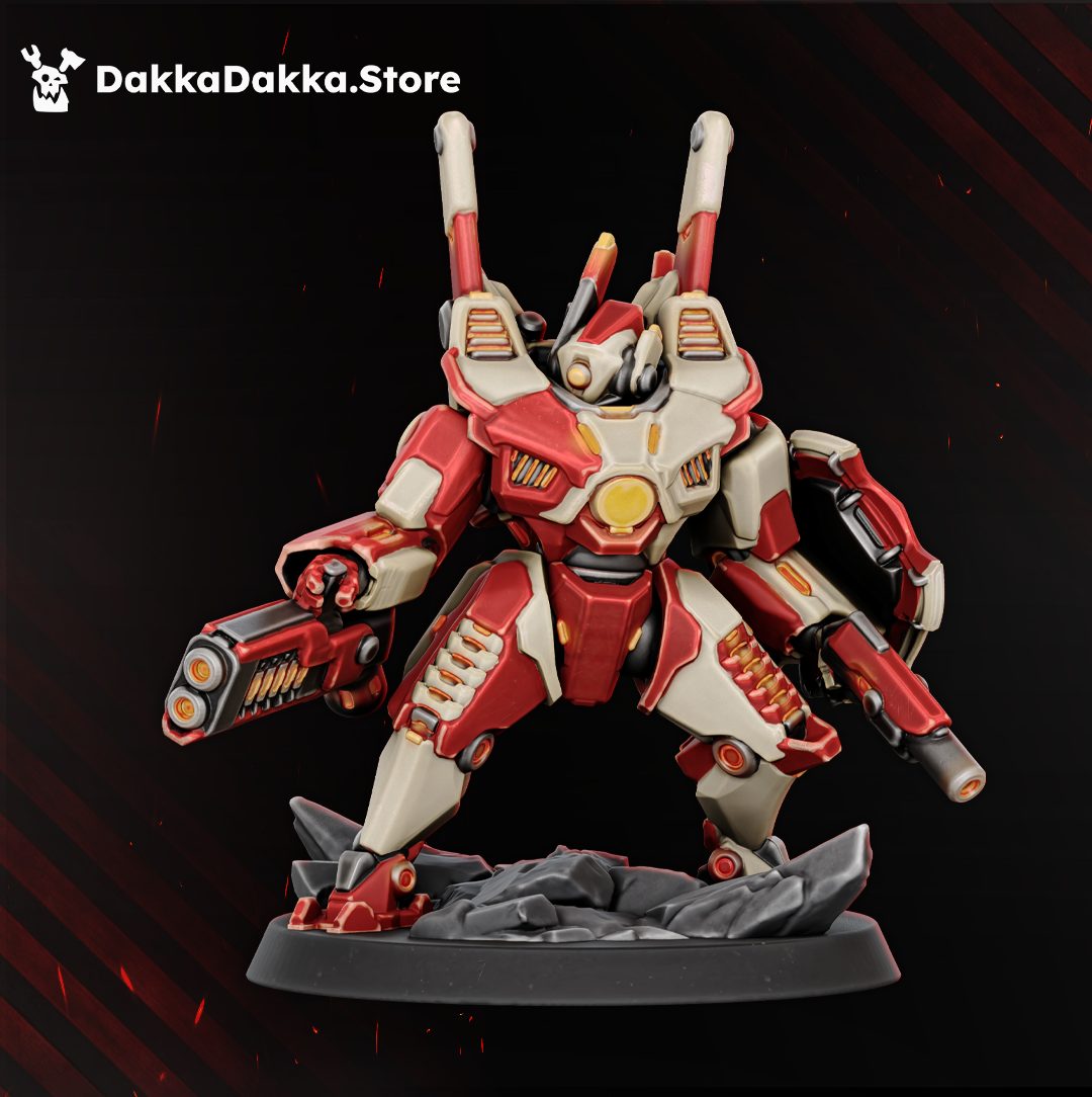Front view of large battlesuit miniature with dual antenna emitters and multi-barrel weapon, rocky base