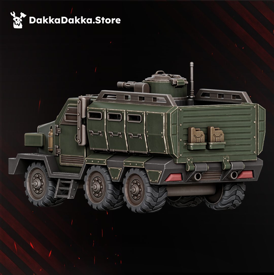 Rear three-quarter view of the armoured transport showing troop compartment, jerry cans, and exhaust details