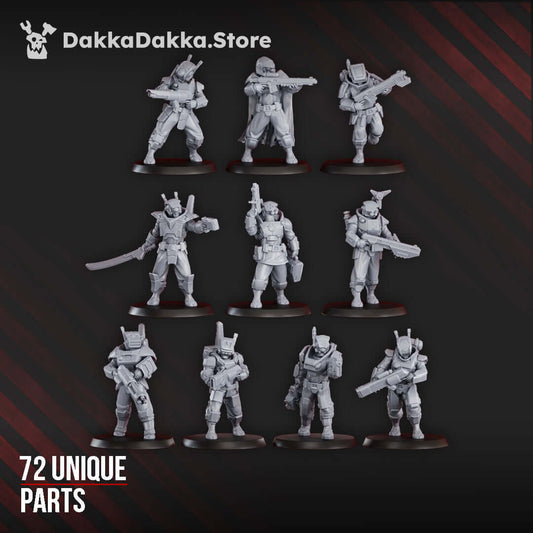 Sci-Fi fire warrior miniatures in a squad build kit, featuring 72 unique parts for customization.