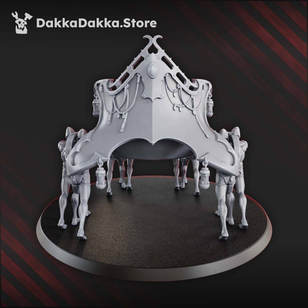 Blasphemous Procession 28mm miniature with regal figure on baroque palanquin and faceless thralls, perfect for dark fantasy gaming.