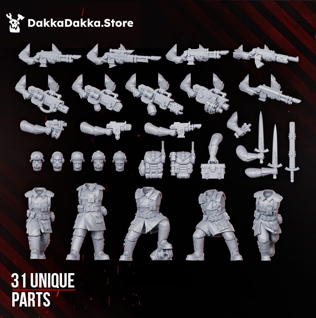 Full sprue layout of 31 unique parts including 5 bodies, 5 heads, weapons and backpacks for the infantry squad