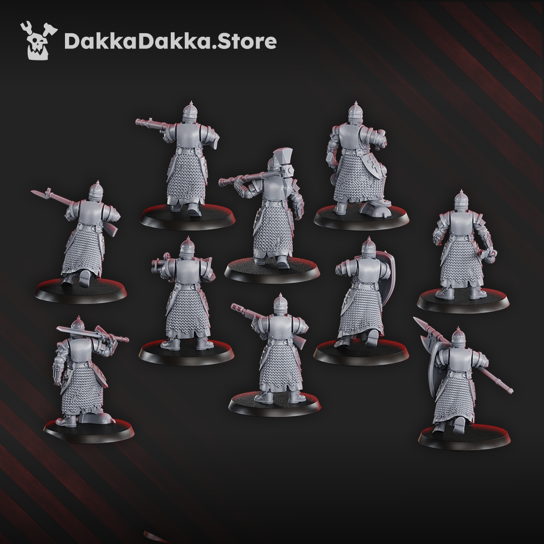 Ten Holy Steel Battalion miniatures in chainmail and plate armour, armed with rifles, shields, and axes, standing on round bases.