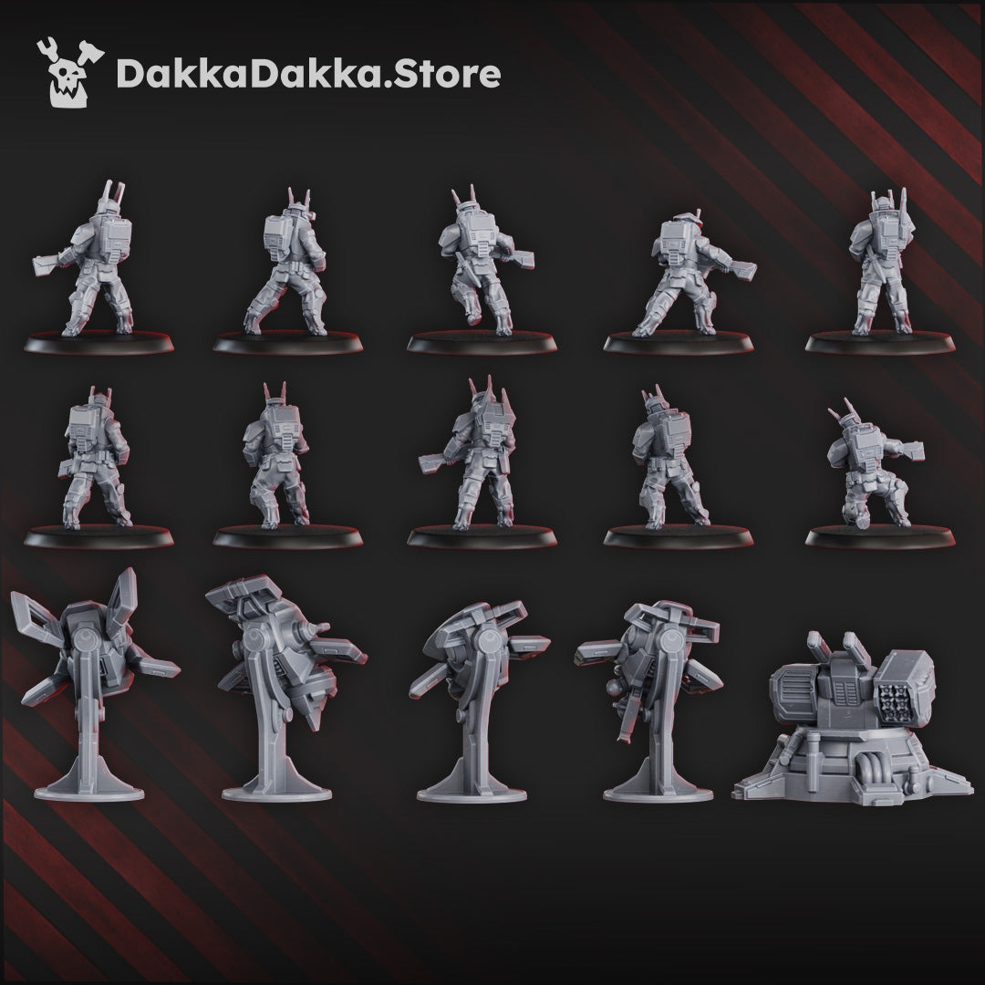 Sci-Fi Fire Squad Miniatures featuring 15 models, including soldiers, drones, and an automated turret, measuring 28mm.