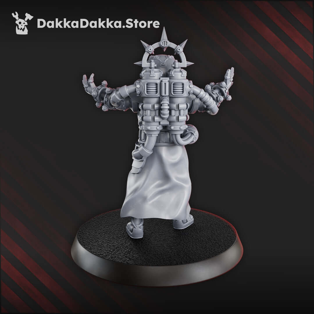 Sci-Fi Machine Cult Shock Priest miniature with electro-conductors, 32mm from feet to eyes.