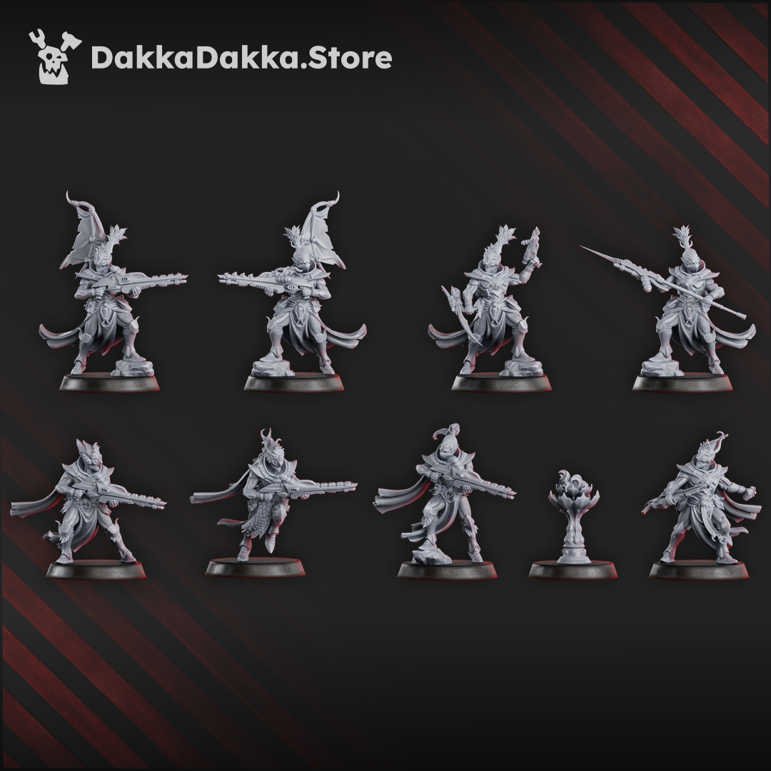Gothic Sci-Fi Space Elf Warriors infantry squad with ornate armour and rifles